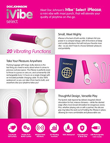 Doc Johnson Ivibe Select - Iplease - Powerful 20 Function Vibrator With Silicone Grip Ring - Quiet Motor Small Size Waterproof Usb Rechargeable - Pink/White (6026-05-Am)