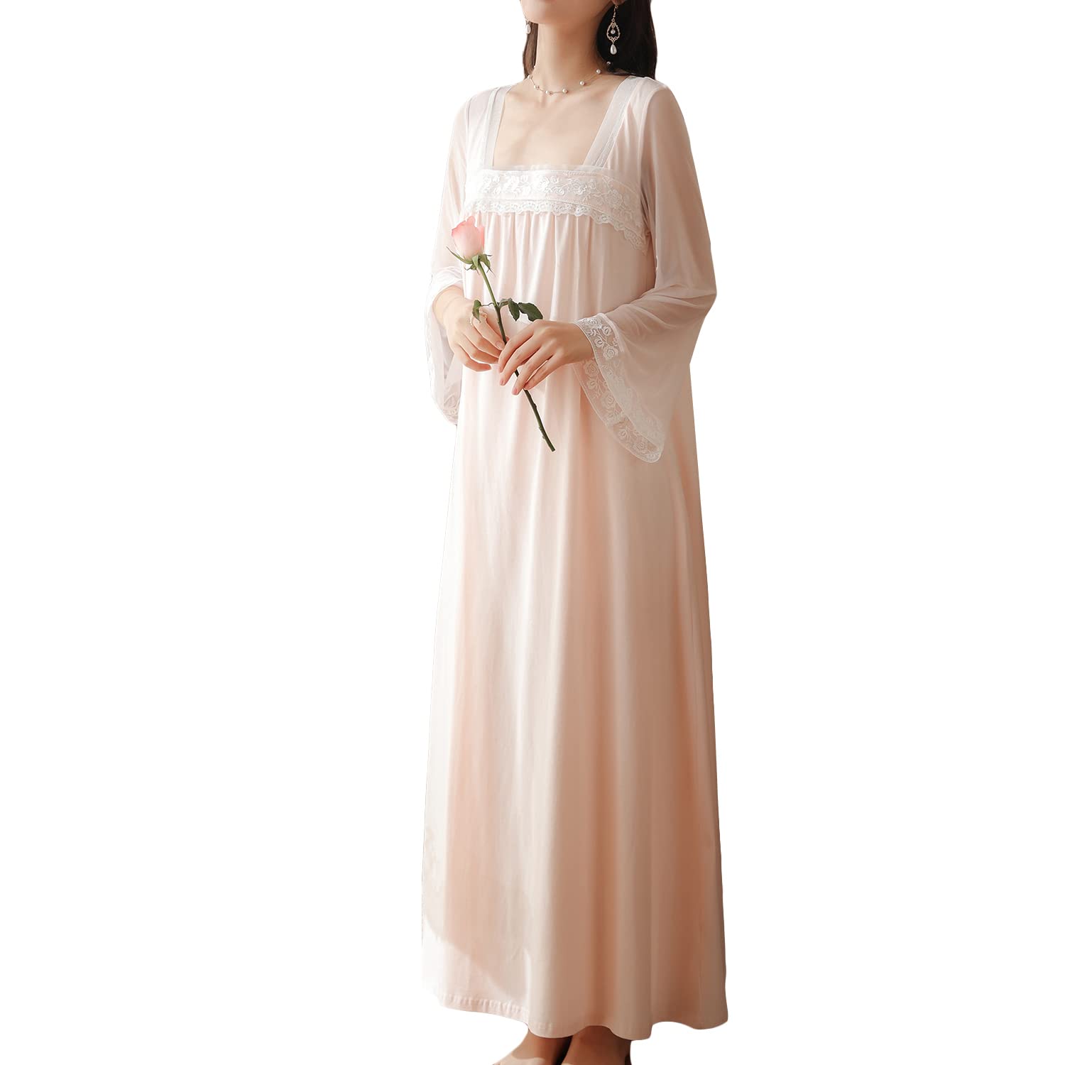 Homgro Womens Cotton Nightgown Long Sleeve Nightgowns Victorian Vintage Autumn Night Shirt Light Pink X-Large