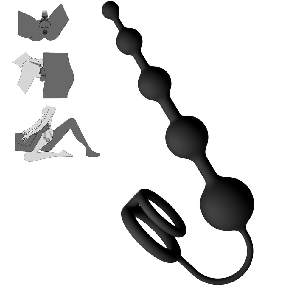 Anal Beads Butt Plug with Penis Cock Rings Adult Anal Sex Toys for Women Men, Flexible Silicone Anal Plug Prostate Massager Grad