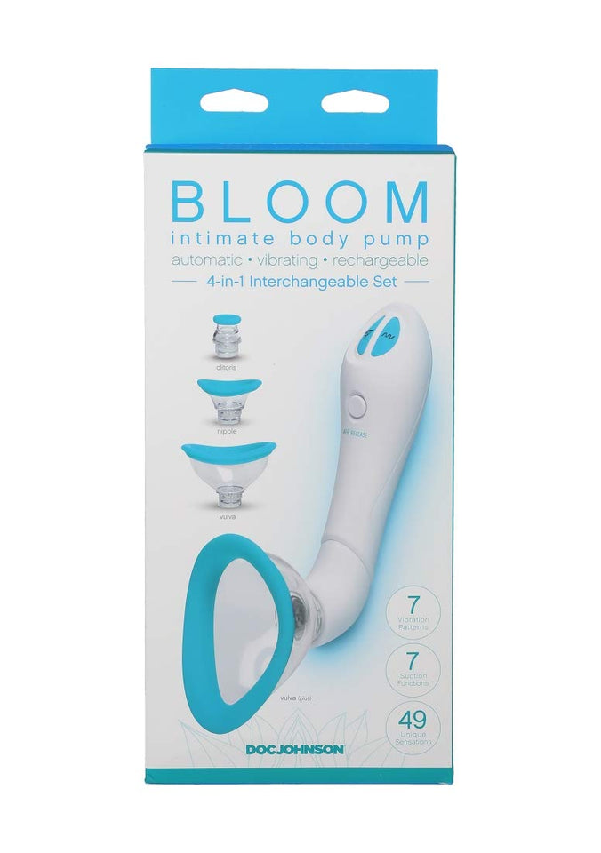 Doc Johnson Bloom - Intimate Body Pump - Automatic - Vibrating - Rechargeable - 4-In-1 Interchangable Set - Heightens Sensitvity