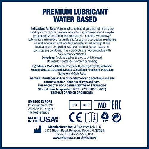Swiss Navy Premium Water Based Lubricant, 16 Oz, Md Science Lab