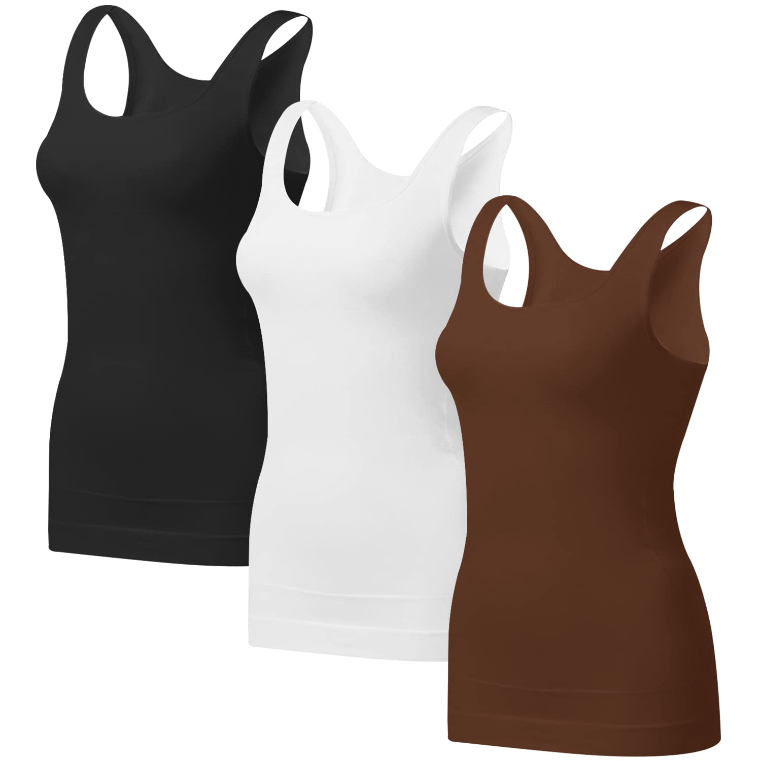 EUYZOU Womens 3PK Tummy Control Shapewear Tank Tops - Seamless Body Shaper Compression Top - Black/White/Coffee M