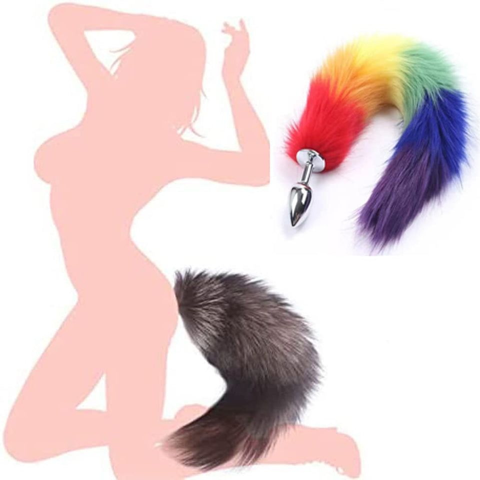 Ooiixx Butt Plug Fox Tail Cosplay Anal Plug Anal Butt Plug Adult Sex Toys for Beginner Women Men Couple (18 '' Rainbow-1)