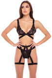 3 Pc. Straps And Garters Bra Set - M/L - Black