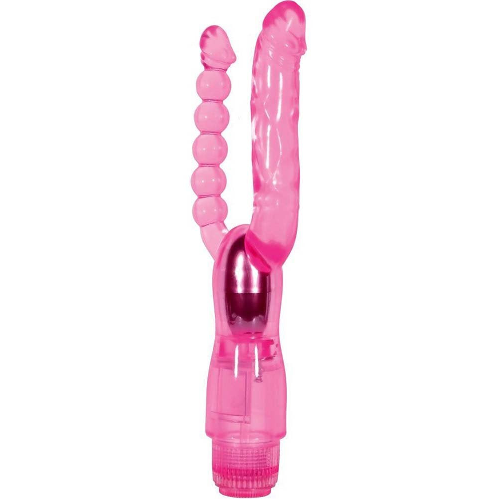 Adam & Eve Dual Pleasure Vibrator, Pink, TPR Jelly Vaginal Vibrator and Anal Beads, Multi Speed Waterproof Double Penetration Vi