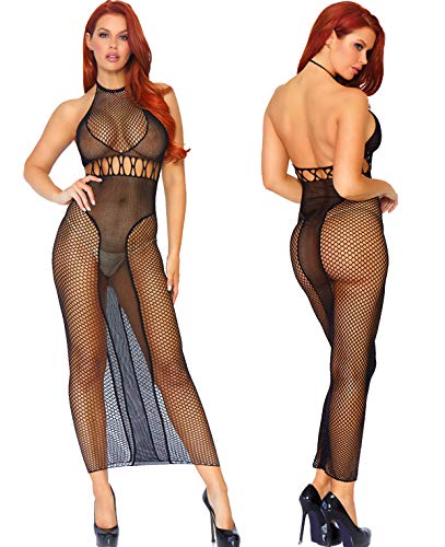 Leg Avenue Halter Dual Net Backless Dress Black Color