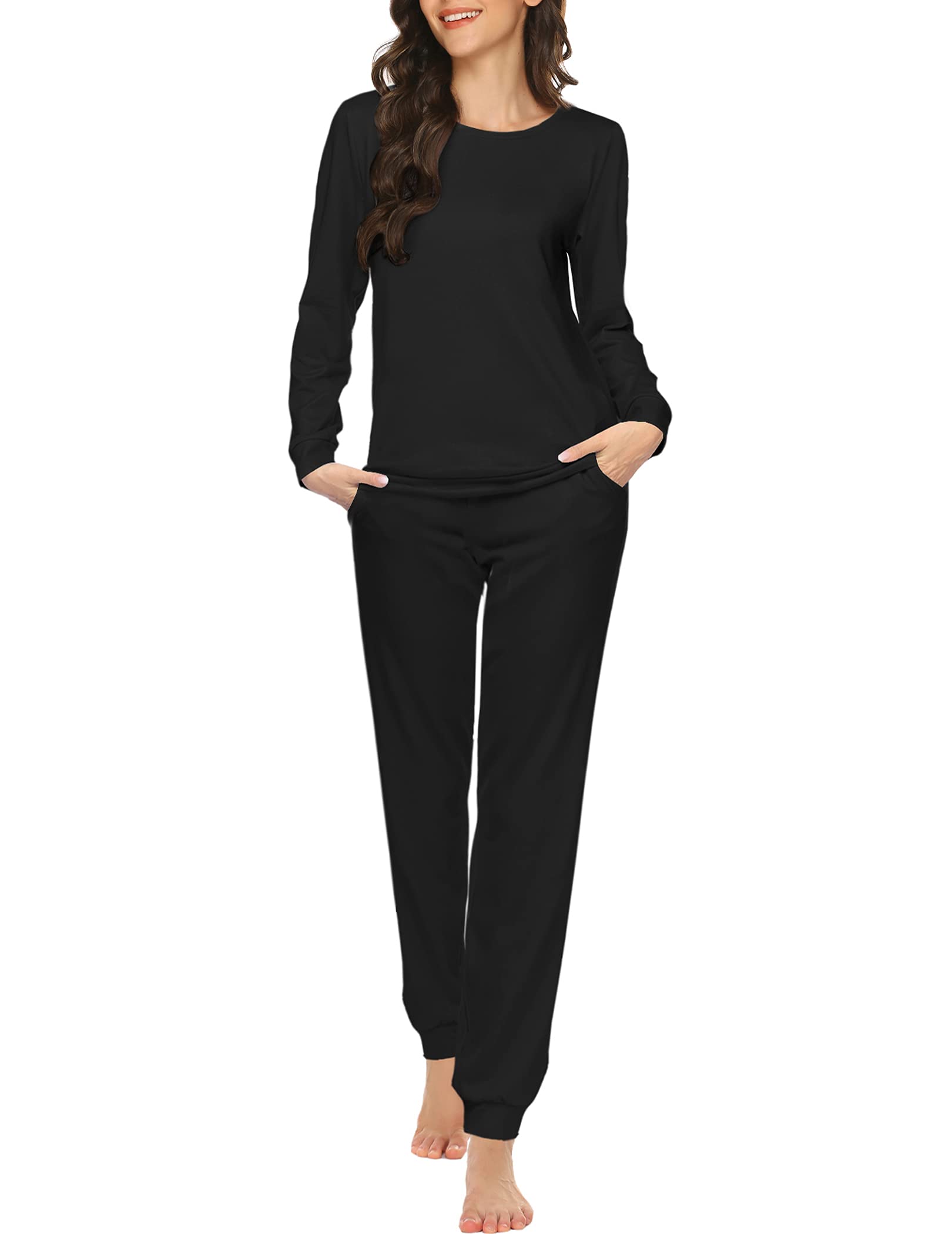 Ekouaer Womens Pajama Sets Casual 2Pcs Sleepwear Long Sleeve Pullover Tops Long Joggers Pants with Pockets Dark Black Large