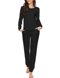 Ekouaer Womens Pajama Sets Casual 2Pcs Sleepwear Long Sleeve Pullover Tops Long Joggers Pants with Pockets Dark Black Medium