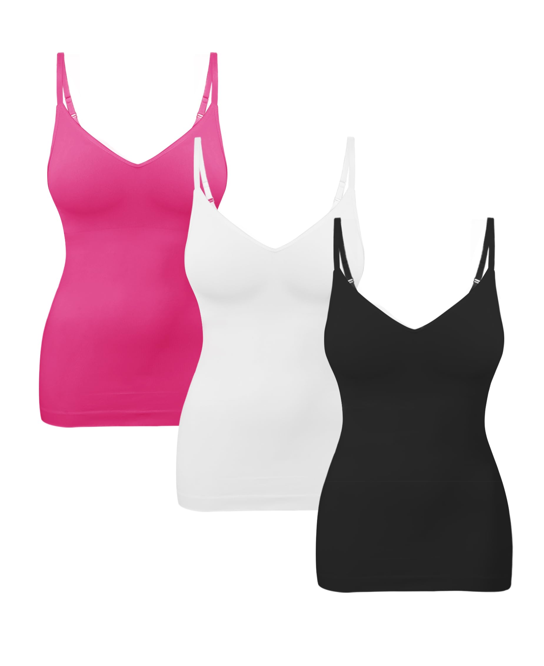 EUYZOU Womens 3PK Tummy Control Shapewear Tank Tops Seamless V-Neck Compression Tank Tops Body Shaper Camisole, Black/White/Rose