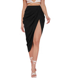 WDIRARA Womens Ruched Hign Split Midi Skirts Side Slit High Waist Wrap Skirt Black XX-Large Plus