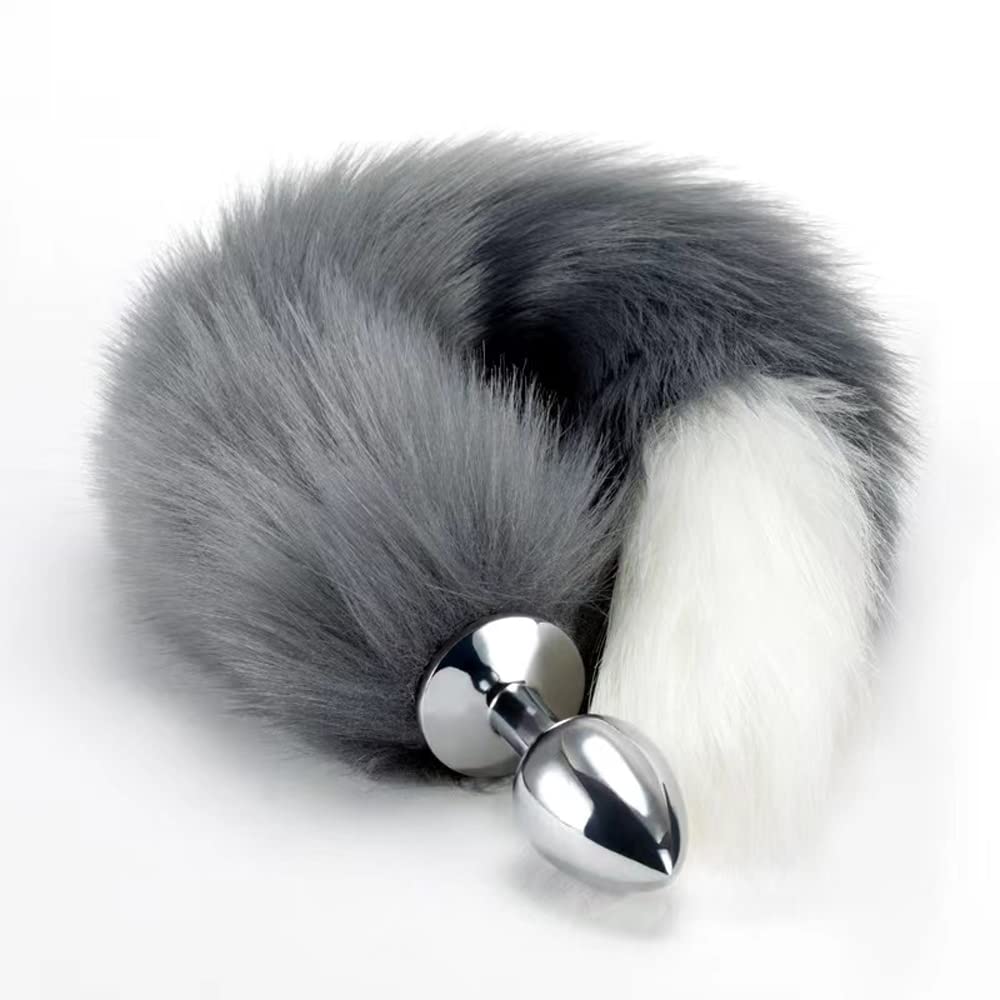 OOIIXX Anal Plug with Sexy Tail for Cosplay, Adult Sex Toys of Stainless Steel Anal Plug (Gray-White, Large)