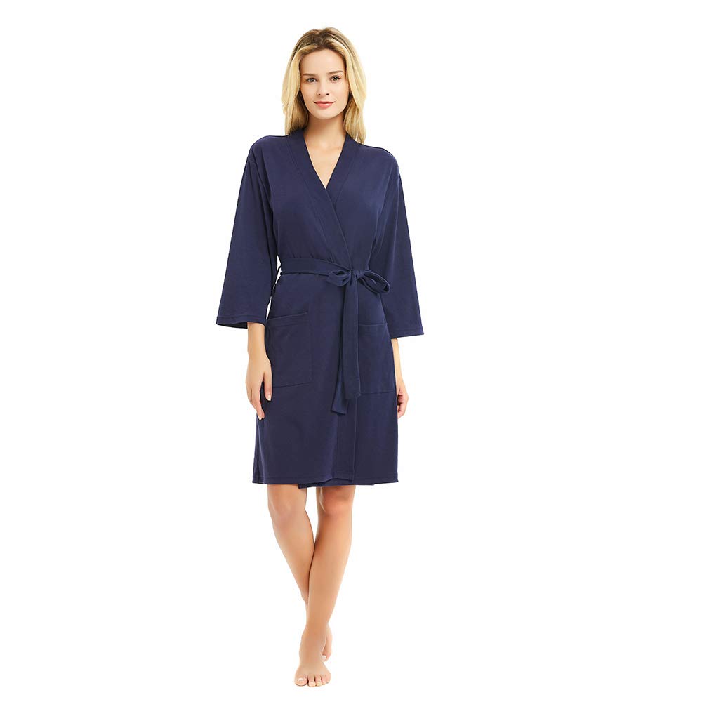 U2SKIIN Womens Cotton Robes, Lightweight Robes for Women with 3/4 Sleeves Knit Bathrobe Soft Sleepwear Ladies Loungewear(Navy,L)
