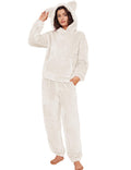 Flygo Womens Fluffy Pajamas Sets Fleece Loungewear Pullover Bear Ear Fuzzy Hoodie Plush Pants 2 Piece Sleepwear with Pockets(Be