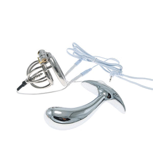 Electric Shock Chastity Lock with Bead Chastity Cage Metal Anal Plug Combination Electric Shock Set Sex Toy(B,L)