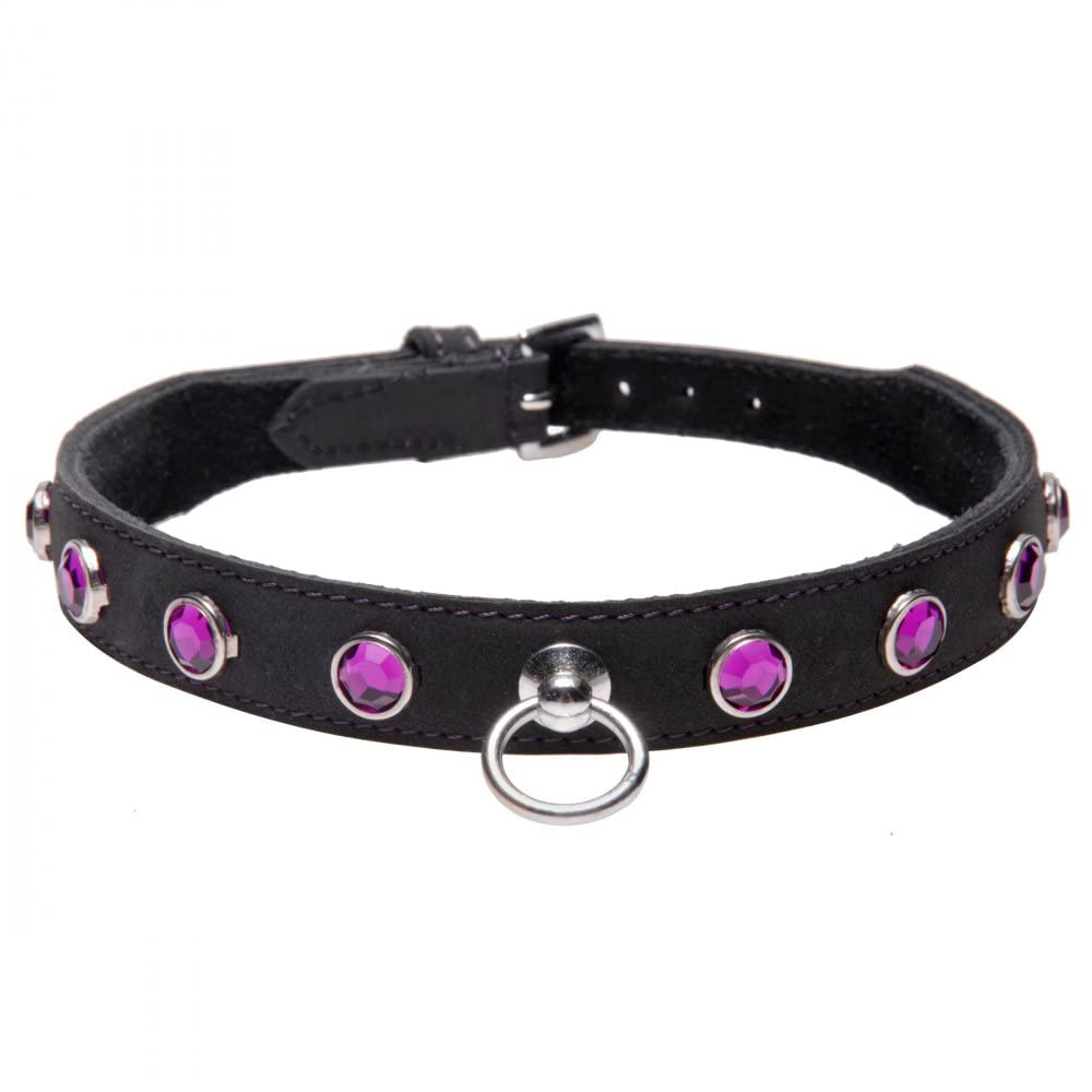 Strict Leather Rhinestone Bdsm Collar, Amethyst