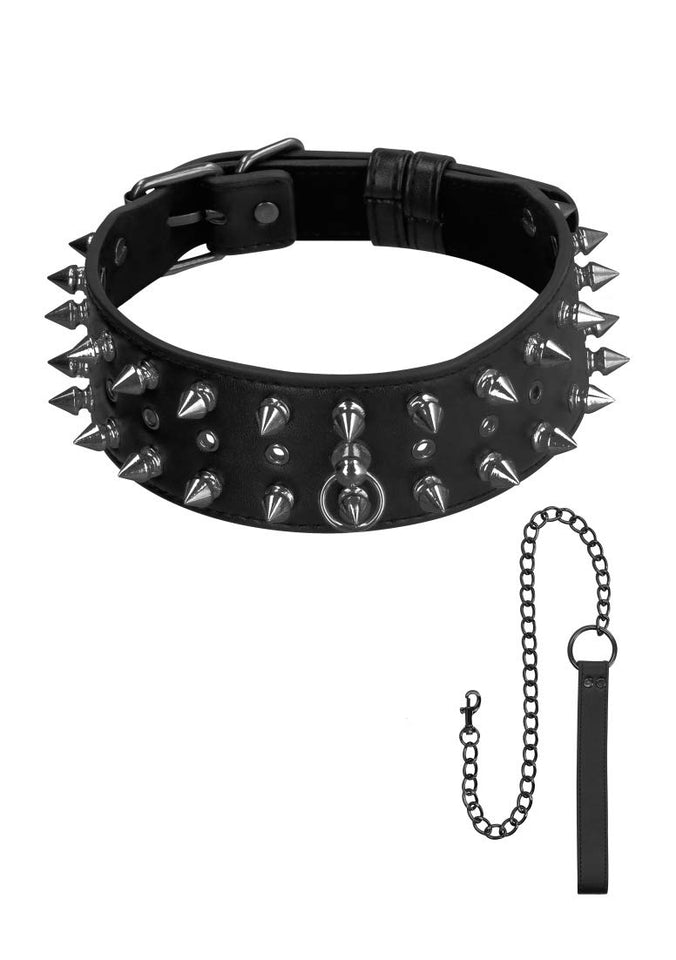 (D) Ouch! Skulls & Bones Neck Chain W/ Spikes & Leash Black