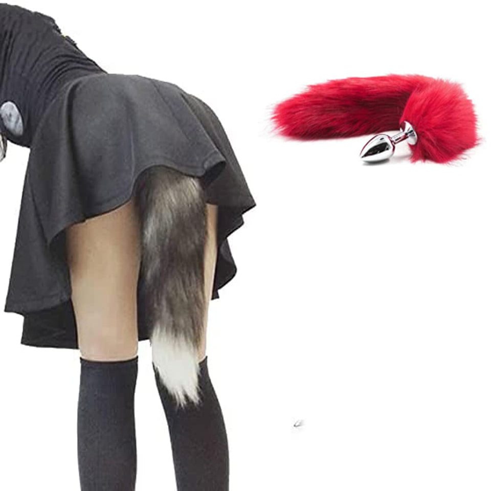 Ooiixx Butt Plug Fox Tail Cosplay Anal Plug Anal Butt Plug Adult Sex Toys for Beginner Women Men Couple (18 '' Red Kit)