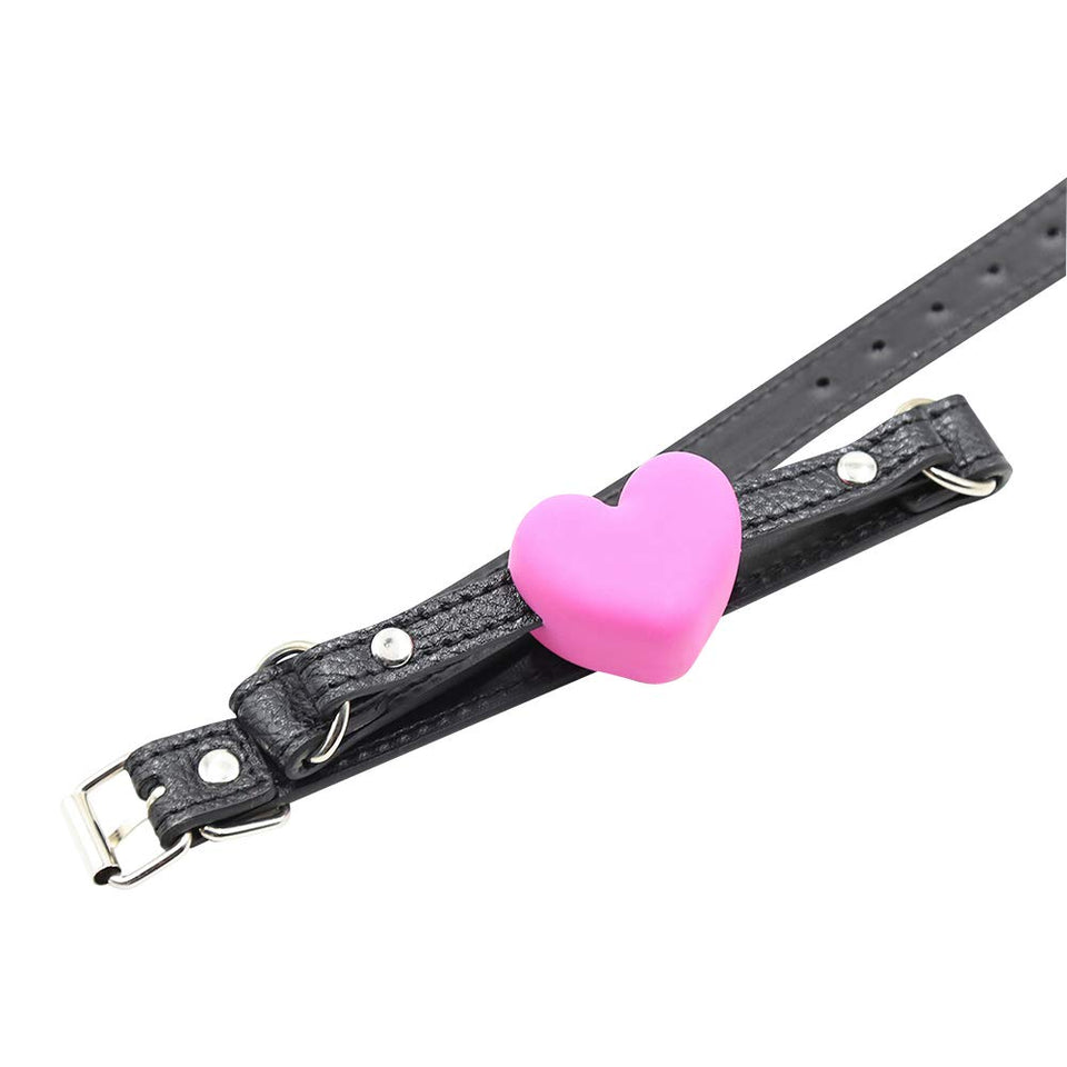 Silicone Mouth Gag, Heart Shaped Muzzle Adjustable Bondage Leather Strap On SM Adult Sex Toy for Couple Lover