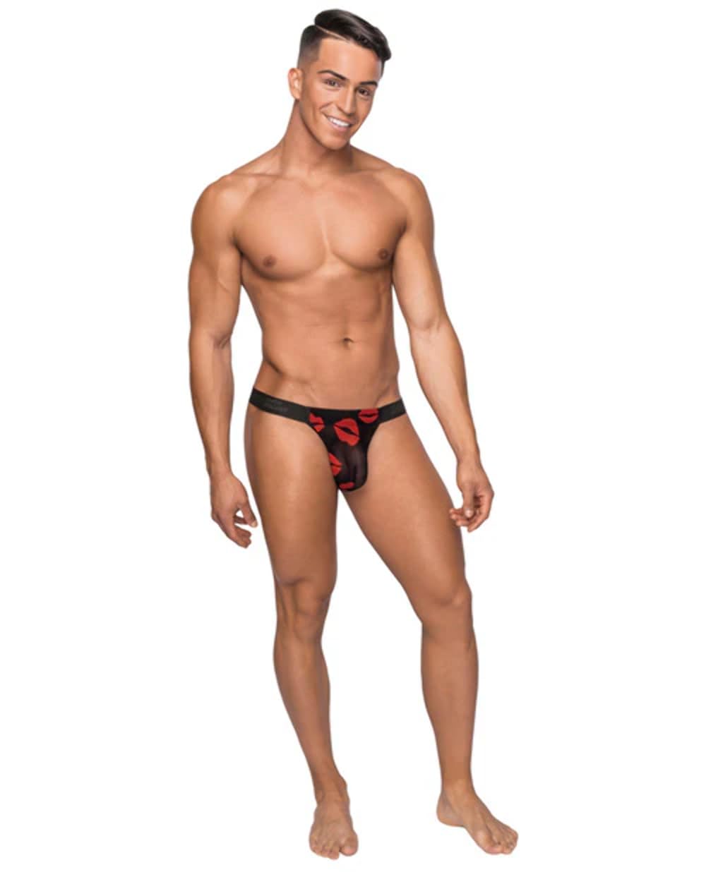 Male Power Kiss Me Micro Thong V Sheer Lips (Small/Medium) Black