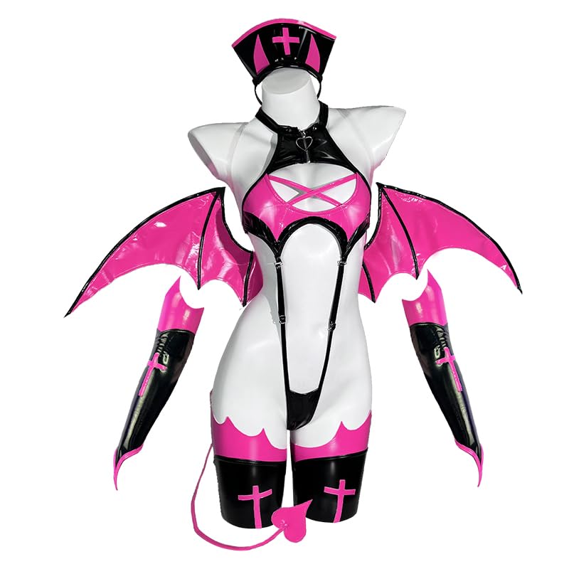 KORURACLUB Succubus costume premium pu cosplay lingerie for women wing devil lingerie (Pink, Large)