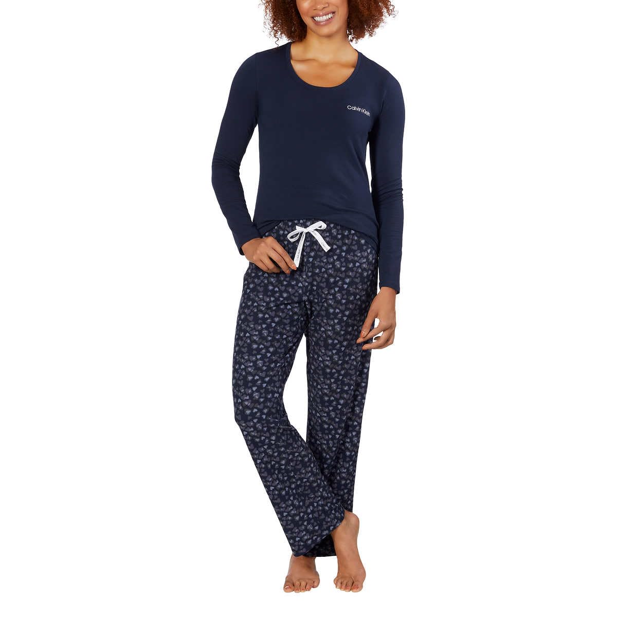 Calvin Klein Womens Classic Crew Neck Fleece PJ Set (US, Alpha, Large, Regular, Regular, BLUE)