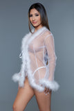 Sheer Short Robe Marabou Feather Trim