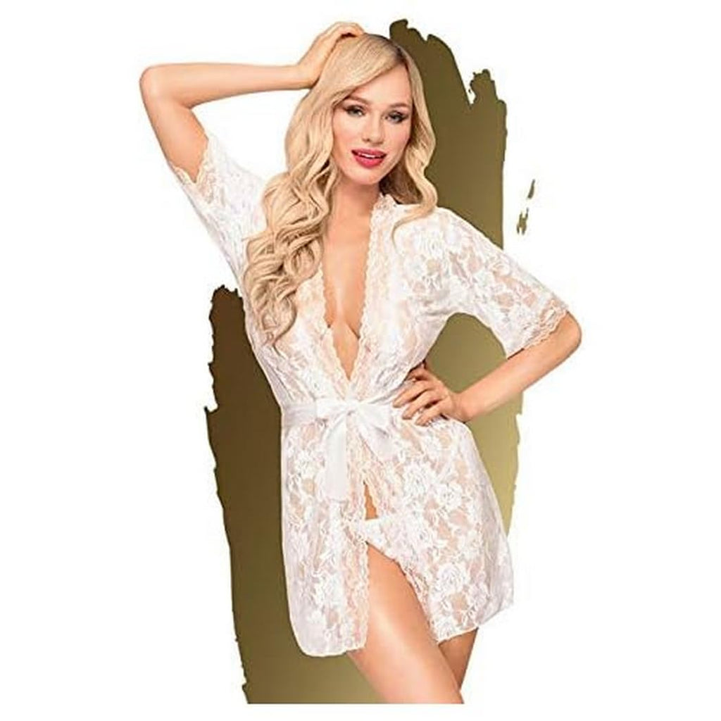 Penthouse Sweet Retreat Lace Kimono Robe With Thong-White X-Large-Boxed