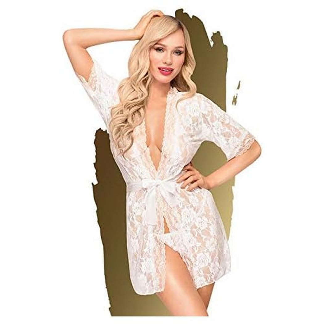 Penthouse Sweet Retreat Lace Kimono Robe With Thong-White X-Large-Boxed