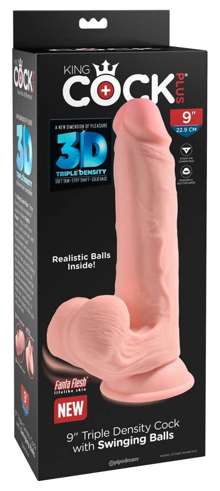 King Cock Triple Density Realistic Strap-On Harness Compatible Cock 9in with Swinging Balls - Vanilla