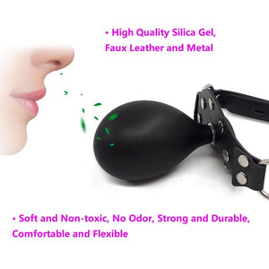 BDSM SM Open Mouth Gag Inflatable Silicone Ball Gag Mouth Plug with Lock for Men Women Gay, Adjustable Fetish Head Harness for A