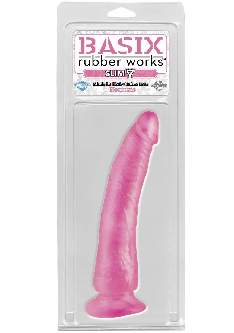 Basix Rubber Works Slim 7-Inch Dong With Suction Cup Pink
