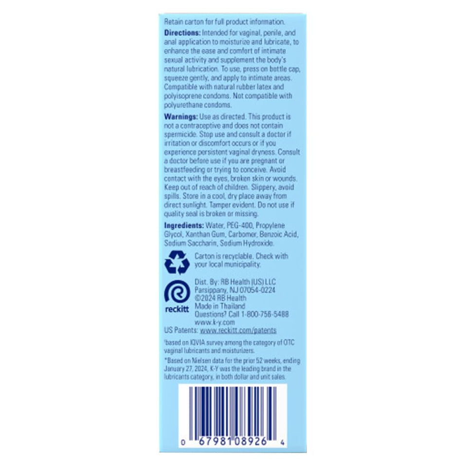 K-Y Liquid Lube Personal Lubricant New Water-Based Formula Safe for Anal Use Safe to Use with Latex condoms for Men Women and co