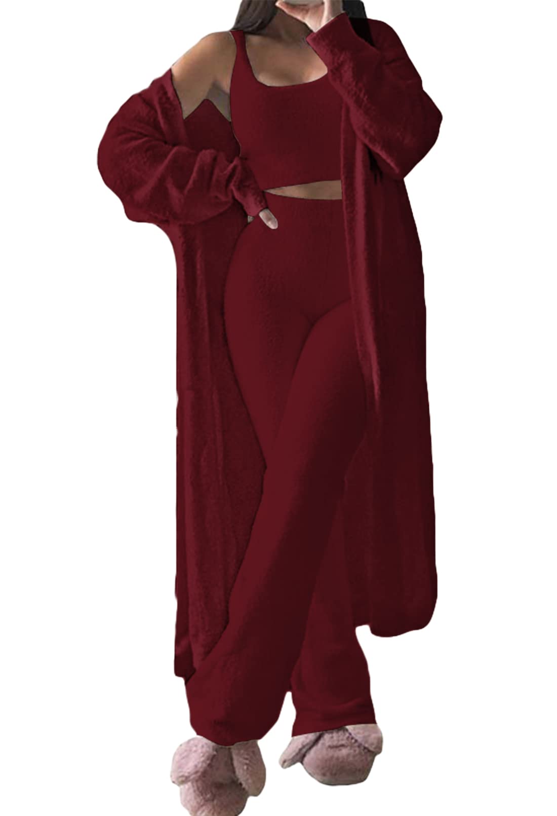 Fixmatti Women 3 Piece Comfy Warm Lounge Set Outfits Fuzzy Fleece Sweatsuit Christmas Pajamas Set with Robe Ruby L