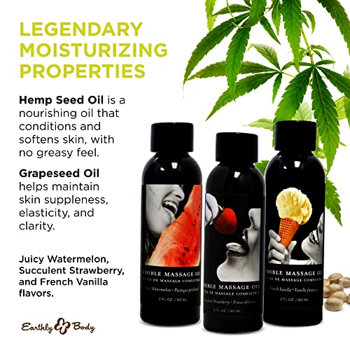 Edible Massage Oil Gift Set Box - 2 Fl. Oz. Bottles - Strawberry, Watermelon, Vanilla