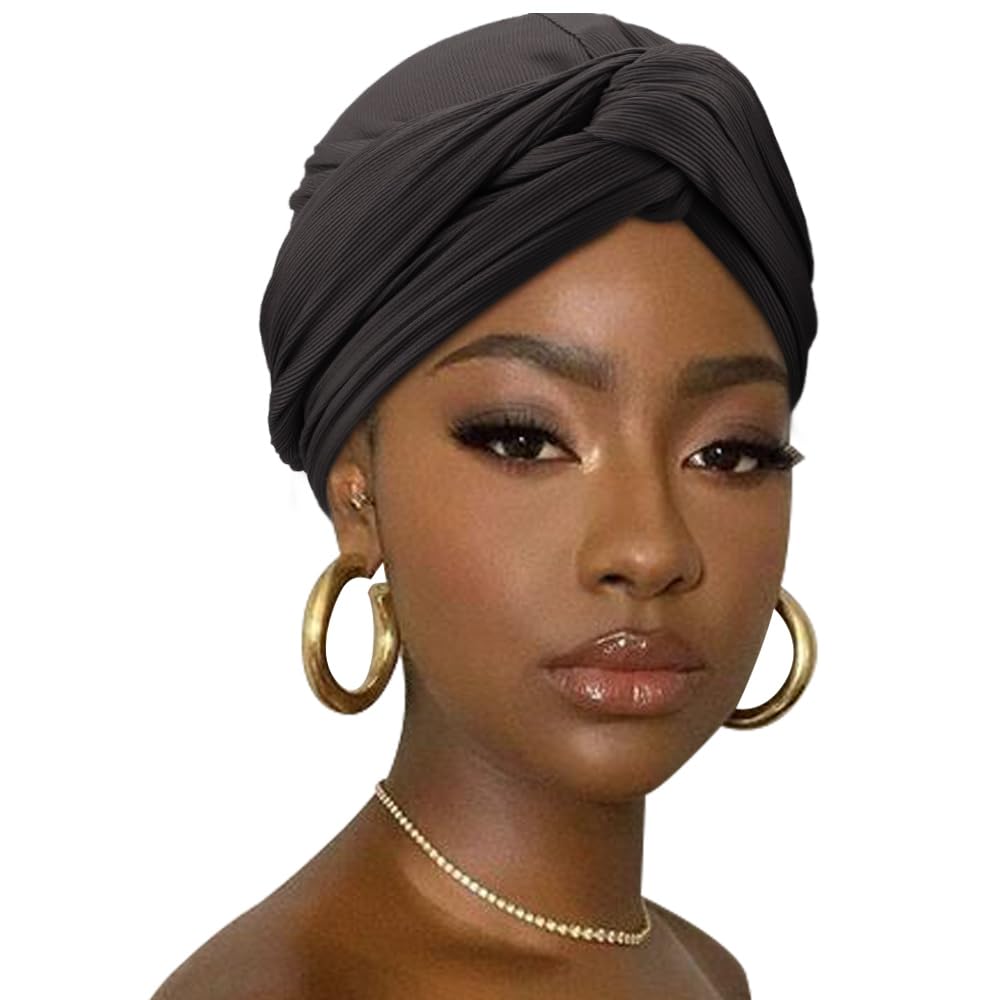 DRESHOW African Turban for Women Knotted Hairwraps for Sleeping Headwraps Ribbed Turban Stretch Jersey Head Scarf for Black Wome