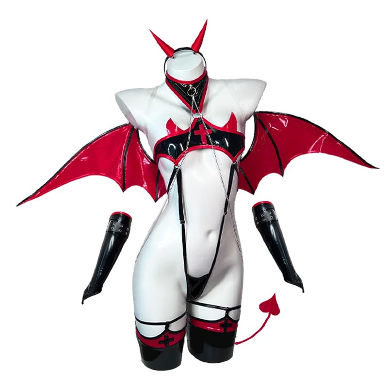 KORURACLUB Succubus costume premium pu cosplay lingerie for women wing devil lingerie (Red, Large)