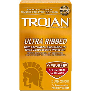 Trojan Stimulations Ultra Ribbed Spermicidal Condoms, 12 Count