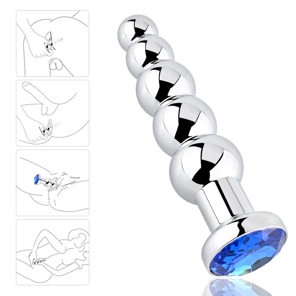 Anal Beads, Blue Jewelry Metal Butt Plug Anal Trainer with 5 Graduated Balls Fetish Kinky Sex Toys Love Tools for Couple Lover
