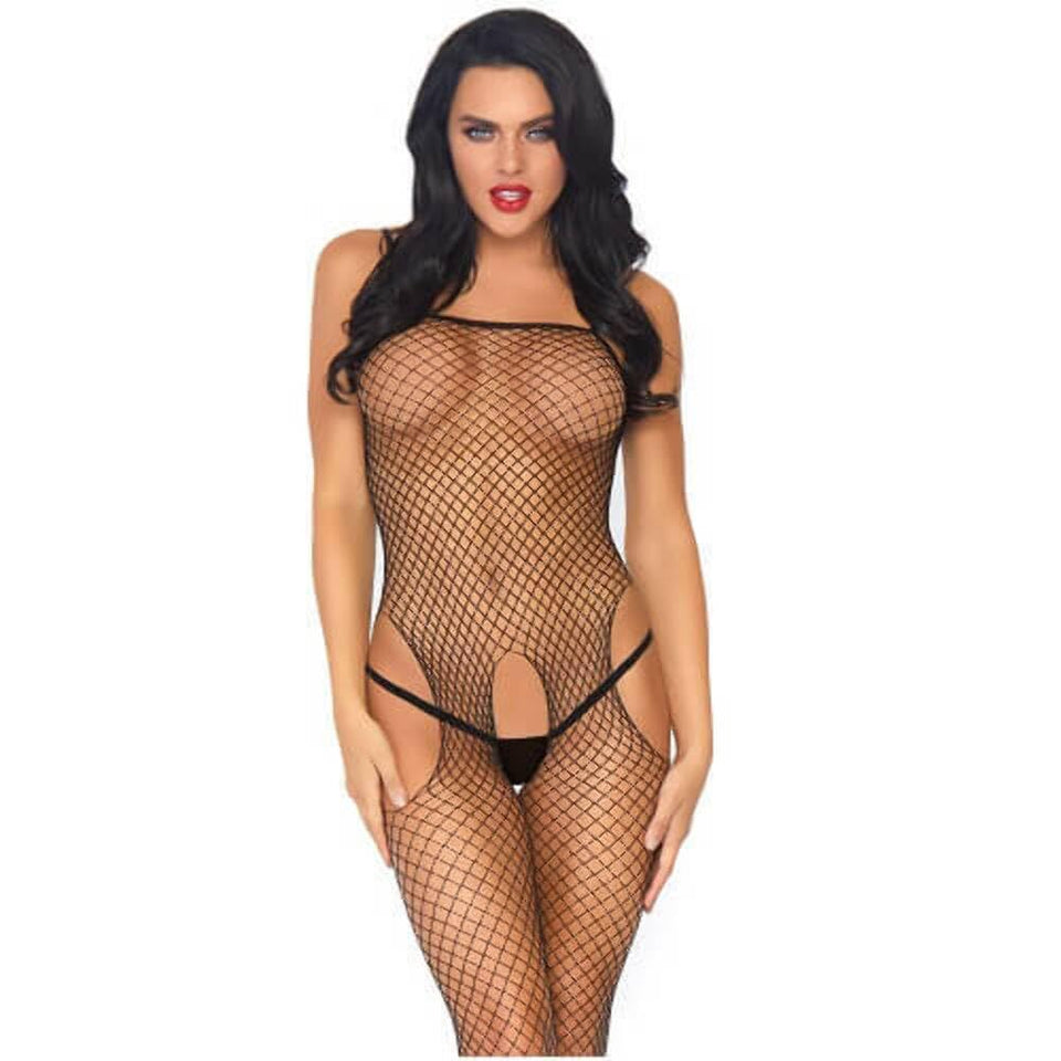 Leg Avenue Womens Industrial Fishnet Suspender Bodystocking, Black, One Size