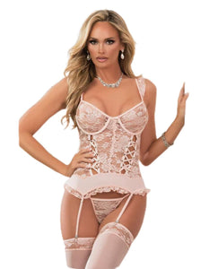 3Pc Lace Up Garter Corset W/ Thong Pink Champagne O/S