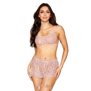 Eyelash Lace Bralette Garter Skirt Set Rose Quartz O/S
