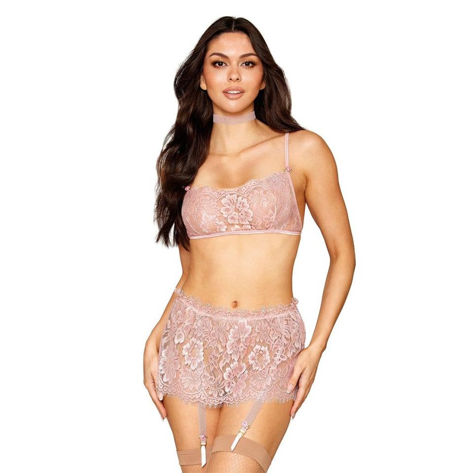 Eyelash Lace Bralette Garter Skirt Set Rose Quartz O/S