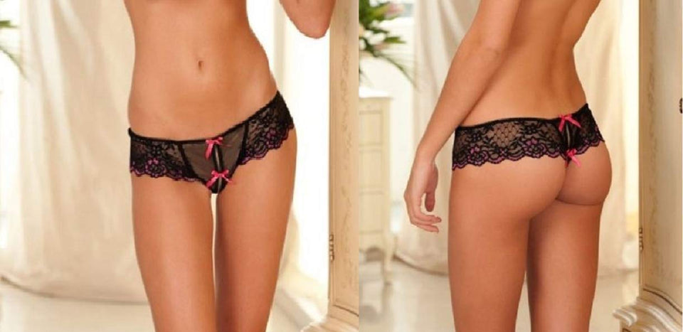 Crotchless Lace Thong W/Bows M/L