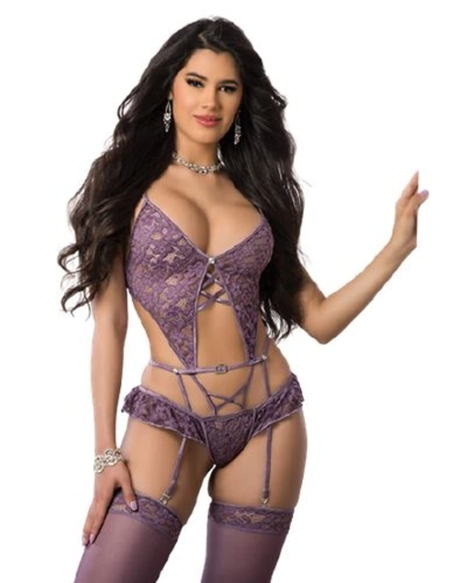 2Pc Mixed Corset Strappy Garter Teddy Mauve Merlot O/S