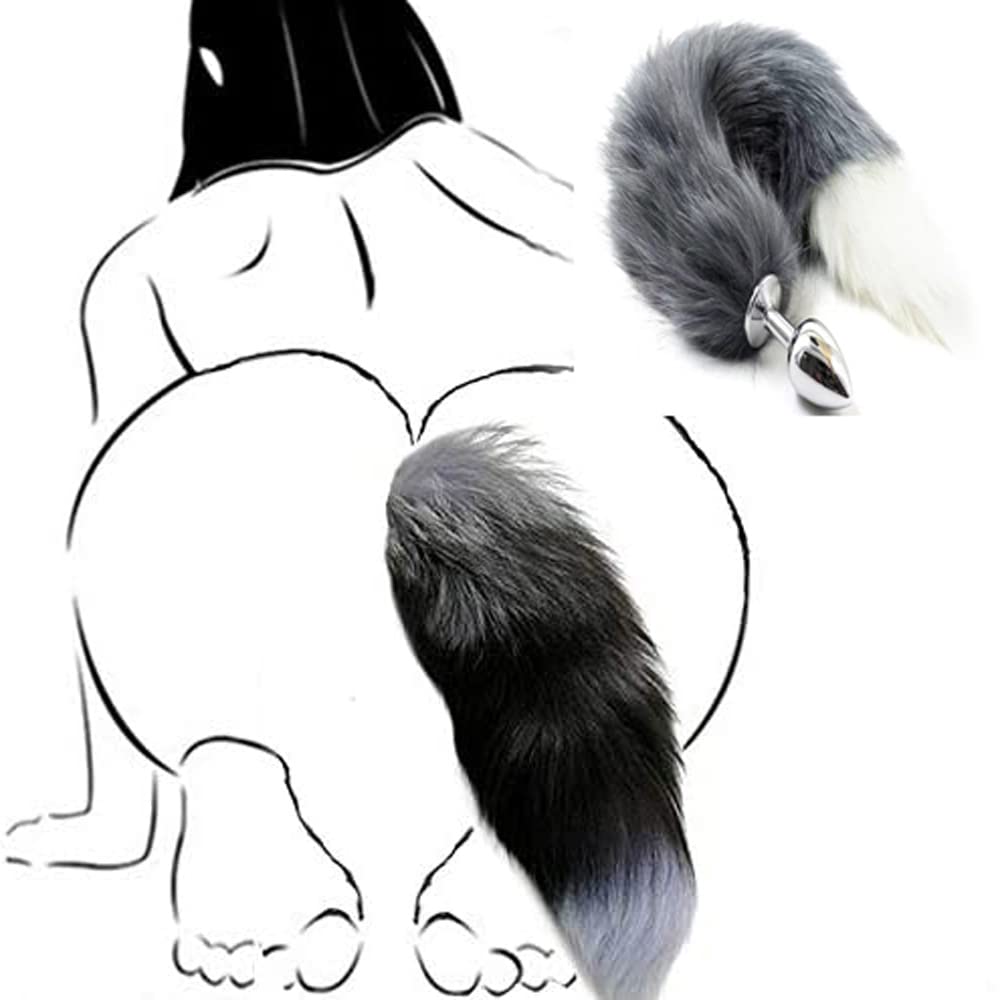 Ooiixx Sexy Fox Tail Cosplay Anal Plug Anal Butt Plug Adult Sex Toys for Women Men Couple Stainless Steel Anal Plug (18'' Gray)