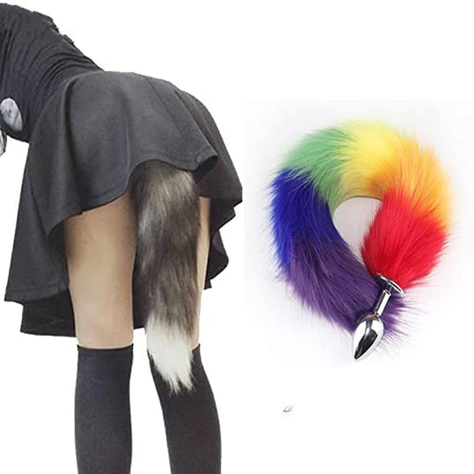 OOIIXX Anal Plug with Sexy Tail for Cosplay, Adult Sex Toys of Stainless Steel Anal Plug (Rainbow, Small)