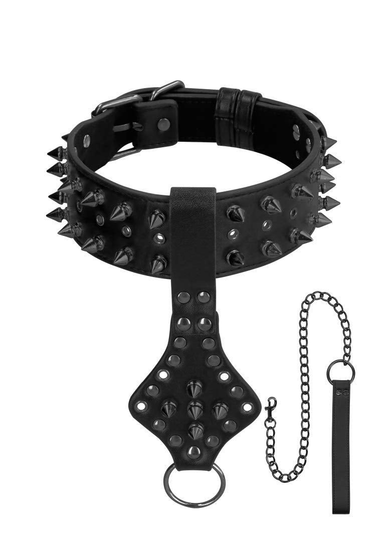 Ouch! Skulls & Bones Neck Chain W/ Spikes And Leash Black
