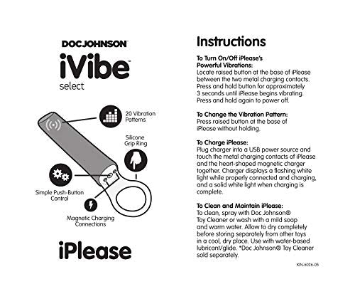 Doc Johnson Ivibe Select - Iplease - Powerful 20 Function Vibrator With Silicone Grip Ring - Quiet Motor, Small Size, Waterproof, Usb Rechargeable - Purple/White