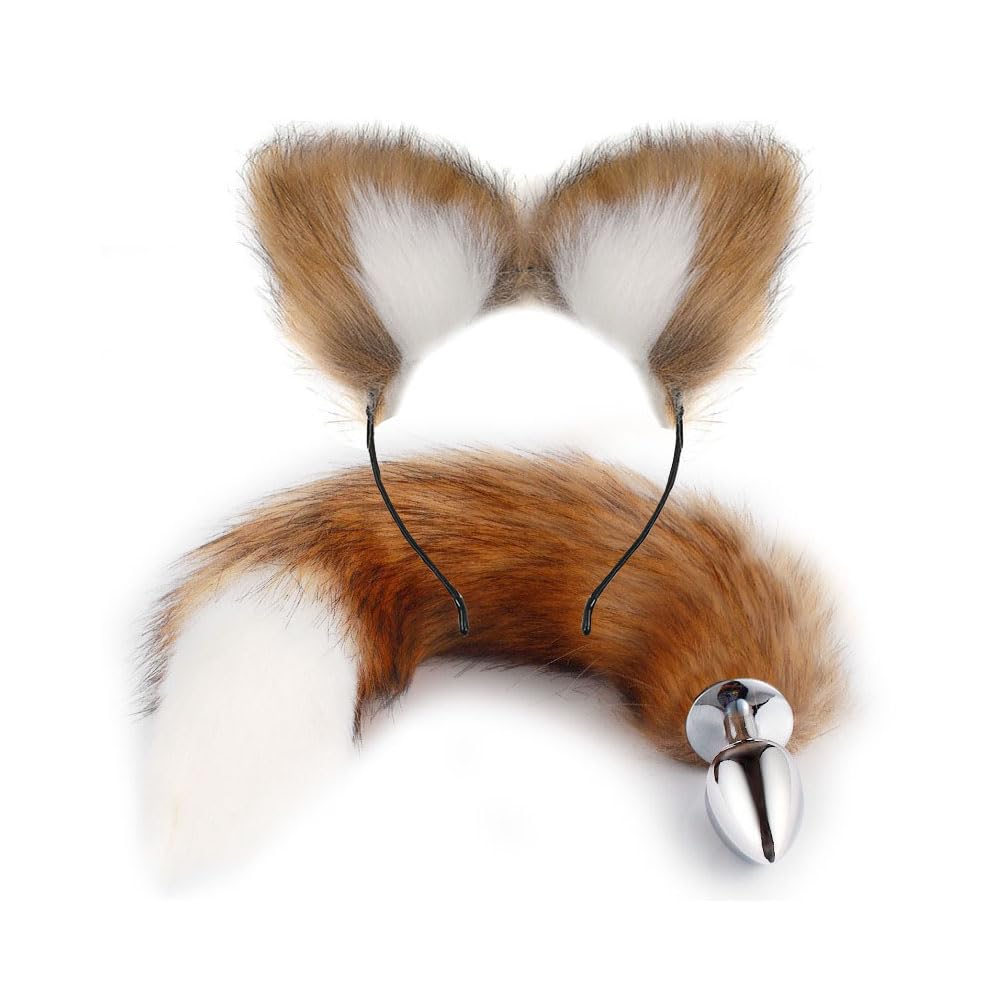 OOIIXX Anal Plug with Sexy Tail for Cosplay, Adult Sex Toys of Stainless Steel Anal Plug (Brown-White Kit, Medium)