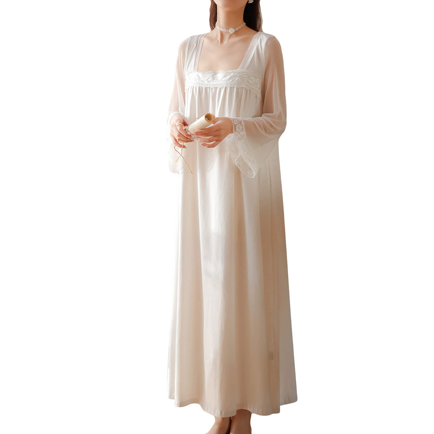 Homgro Womens Cotton Nightgown Long Sleeve Nightgowns Victorian Vintage Autumn Night Shirt White Large
